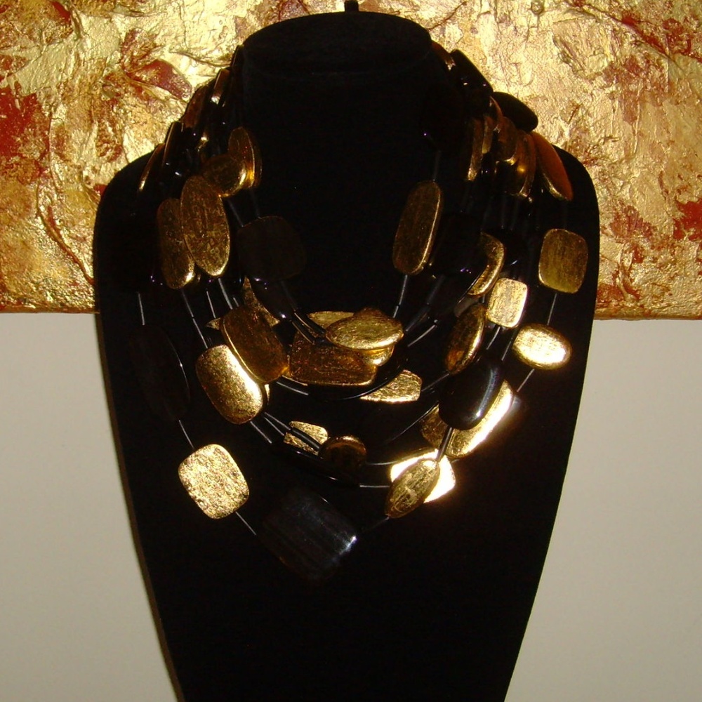 MONIES Gerda Lynggard Multi-Strand Black and Gold Leaf Statement Necklace